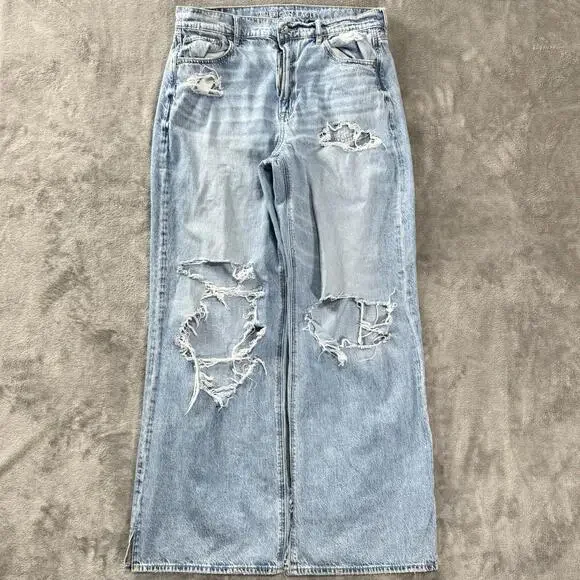 American Eagle Jeans Womens 8 Blue Super High Rise Baggy Wide Leg Ripped Denim - Picture 1 of 9